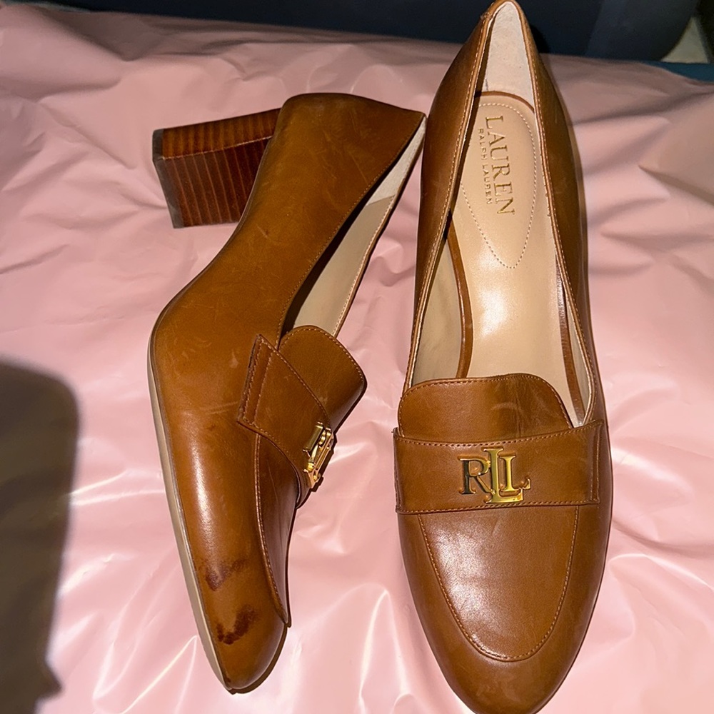 Ralph Lauren Brown Leather Loafer Heels with RL Logo